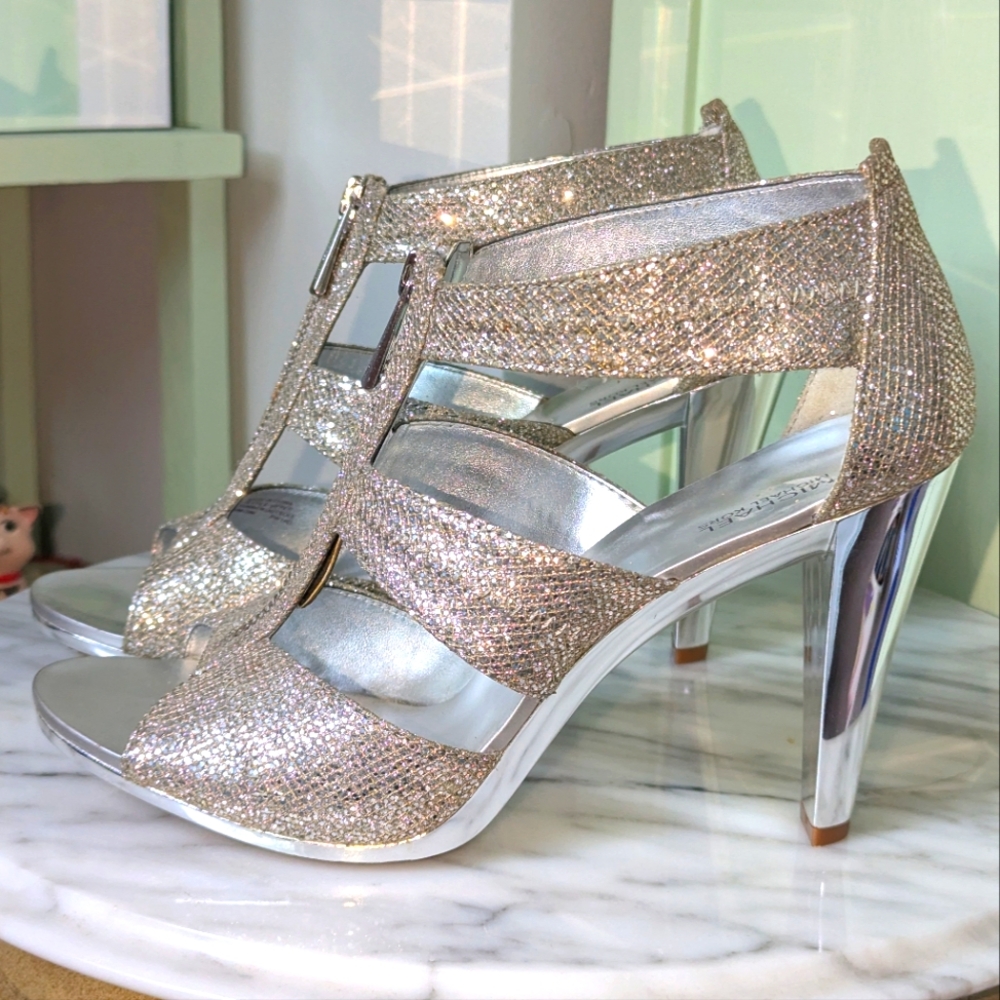 Michael Kors Berkley T Strap Zippered Silver High Heel - Size 9 -New